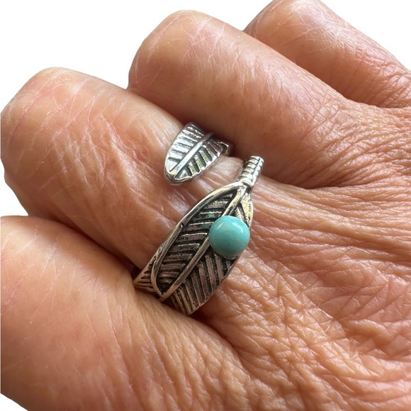 Silver Feather Wrap Open Ring with Turquoise Accent - Picture 2 of 5